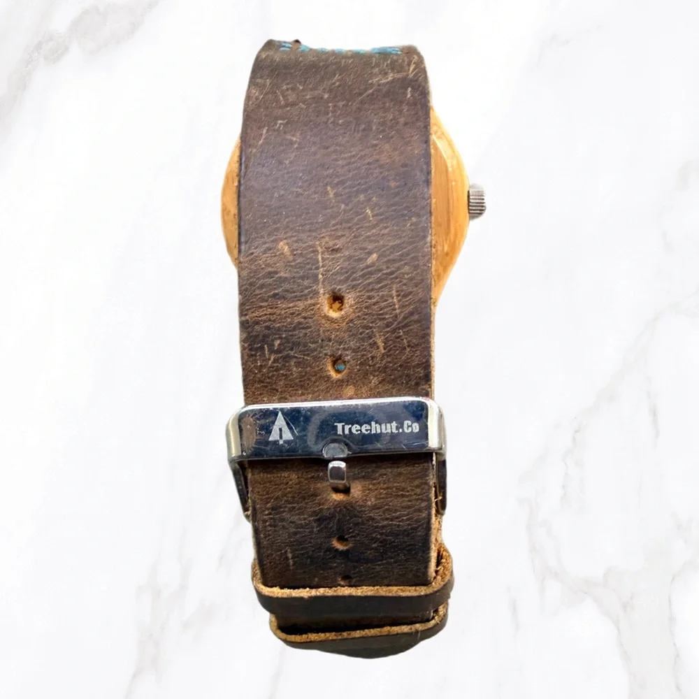 Treehut Women’s Bamboo Wooden Watch | Distressed Leather‎ w/ Blue Stitching